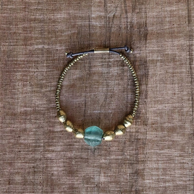 Aqua Seaglass Beaded Brass Bracelet