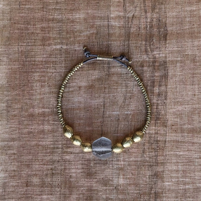 Grey Seaglass Beaded Brass Bracelet