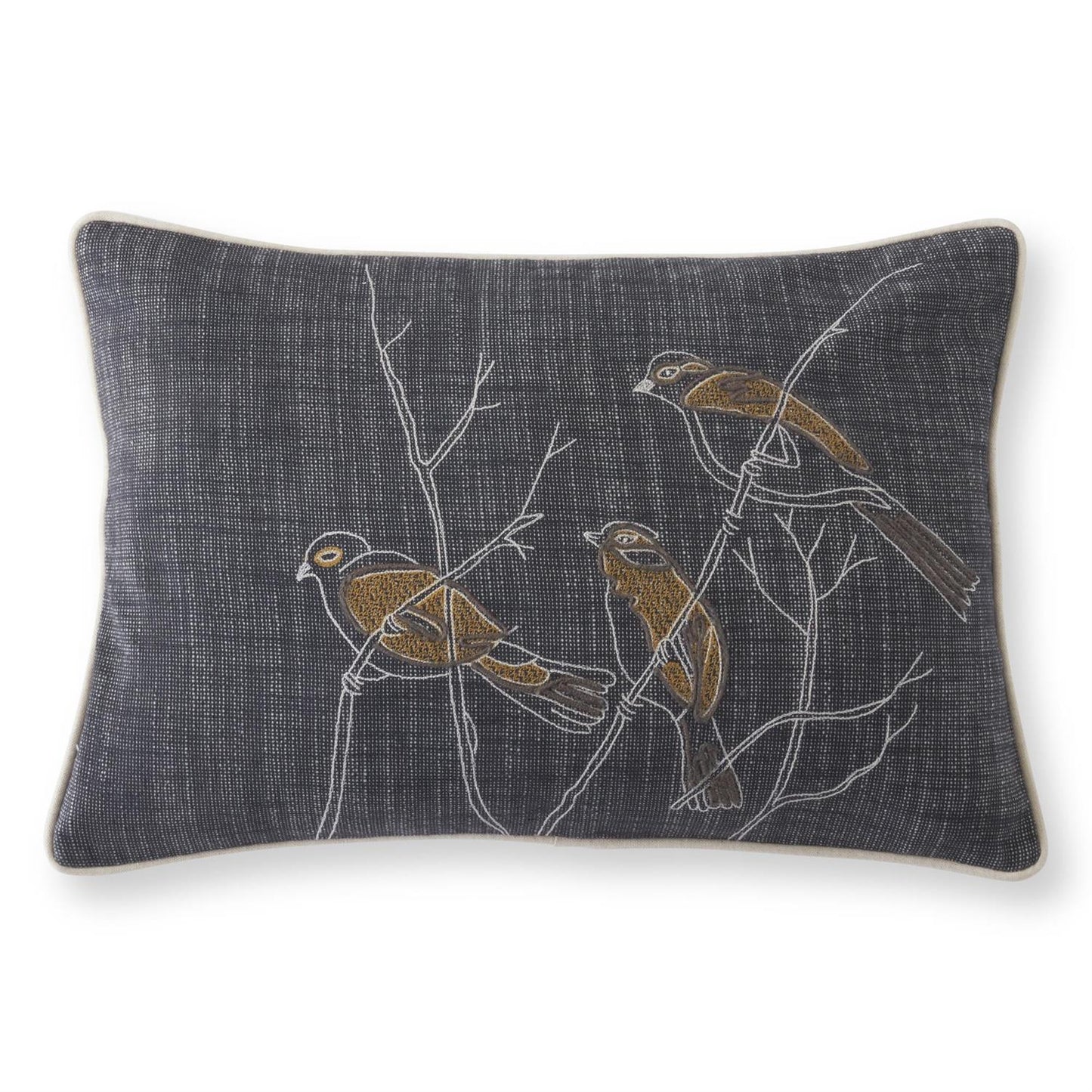 Gray Lumbar Pillow Embroidered Birds
