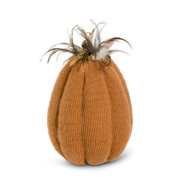 Orange Knit Pumpkins w/Wood Stem & Feathers