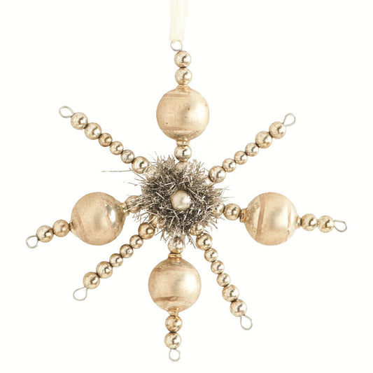 Champagne Vintage Snowflake Ornament w/ Tinsel
