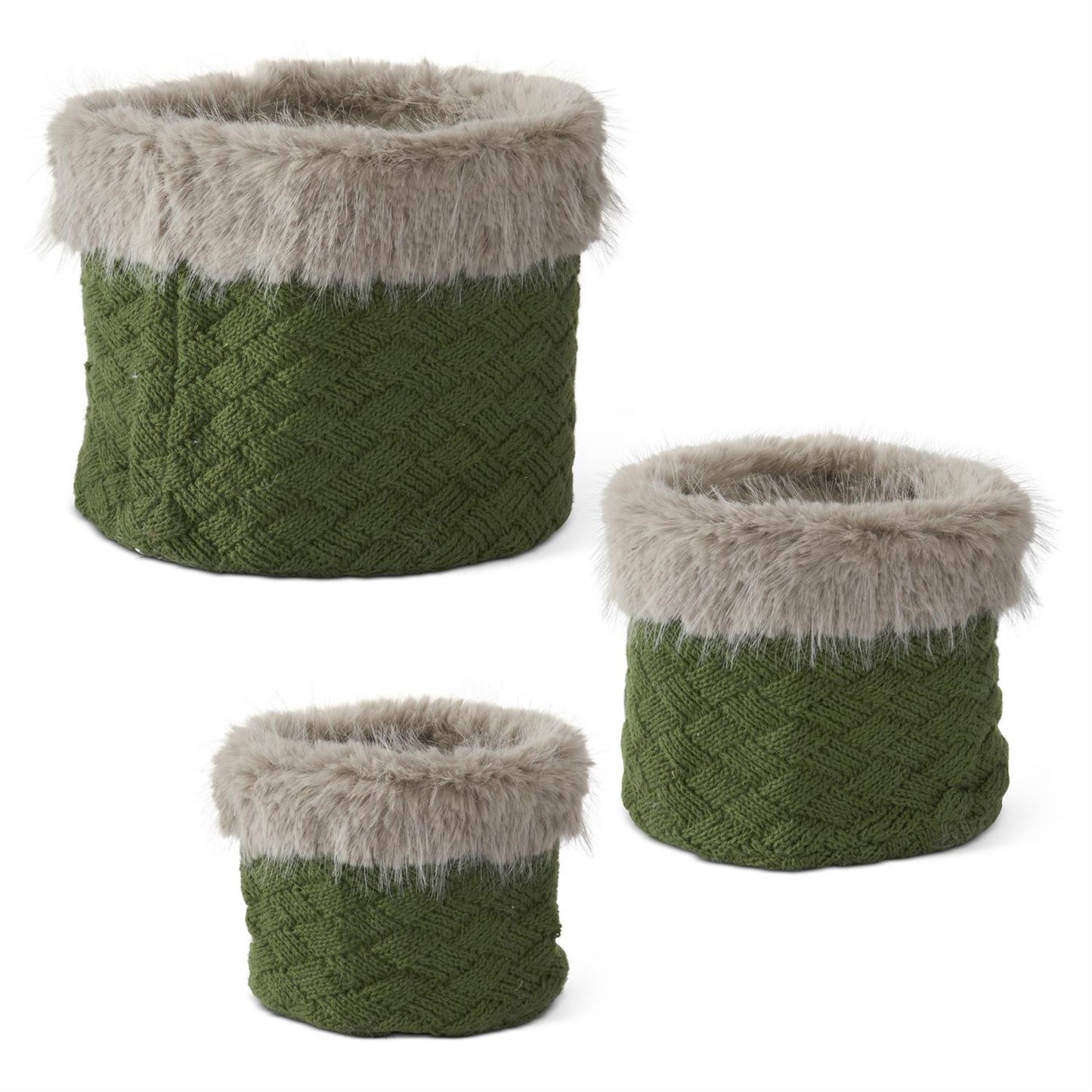 Dark Green Knit Fur Trimmed Nesting Basket w/ Liner