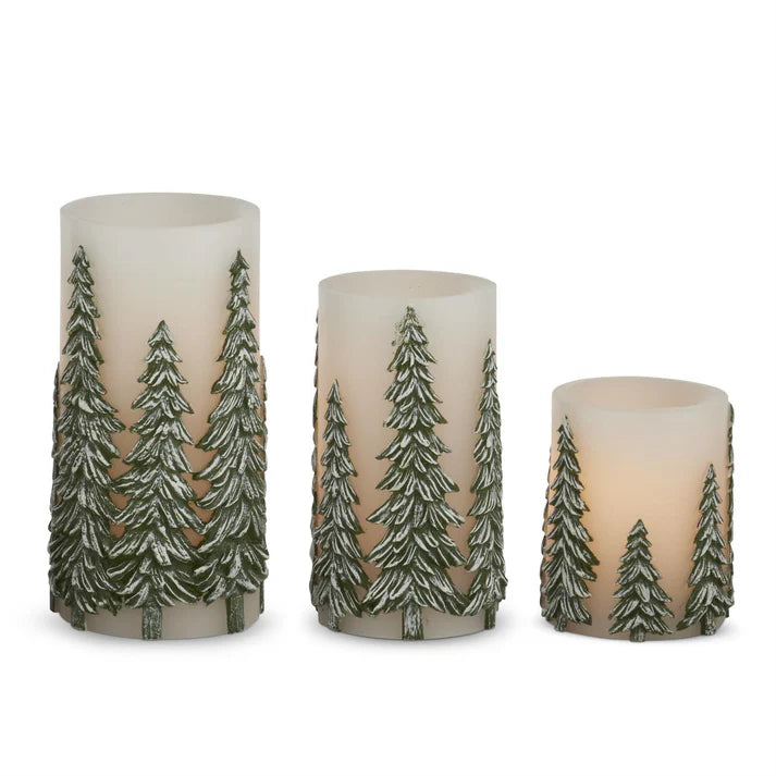 Green Embossed Trees LED Pillar Candle w/ Timer