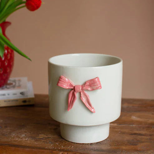 Ceramic Flowerpot With Pink Bow