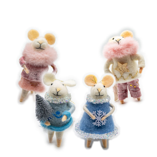 Wool Felt Mice Ornaments in Winter Clothes