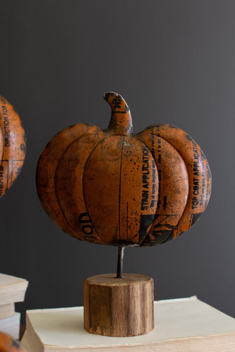 Set of 3 Recycled Metal Pumpkins on Wooden Bases