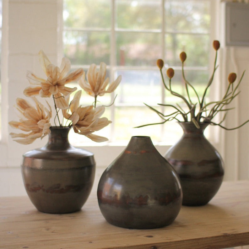 Raw Metal Vases w/ Copper Detail