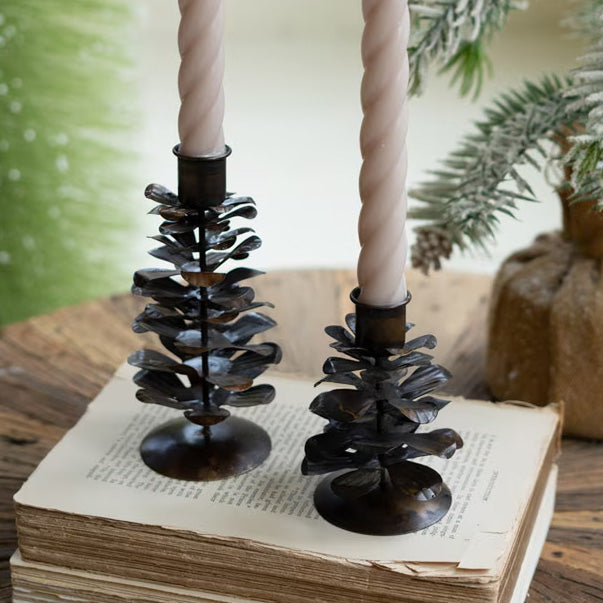 Antique Brown Metal Pinecone Taper Holders