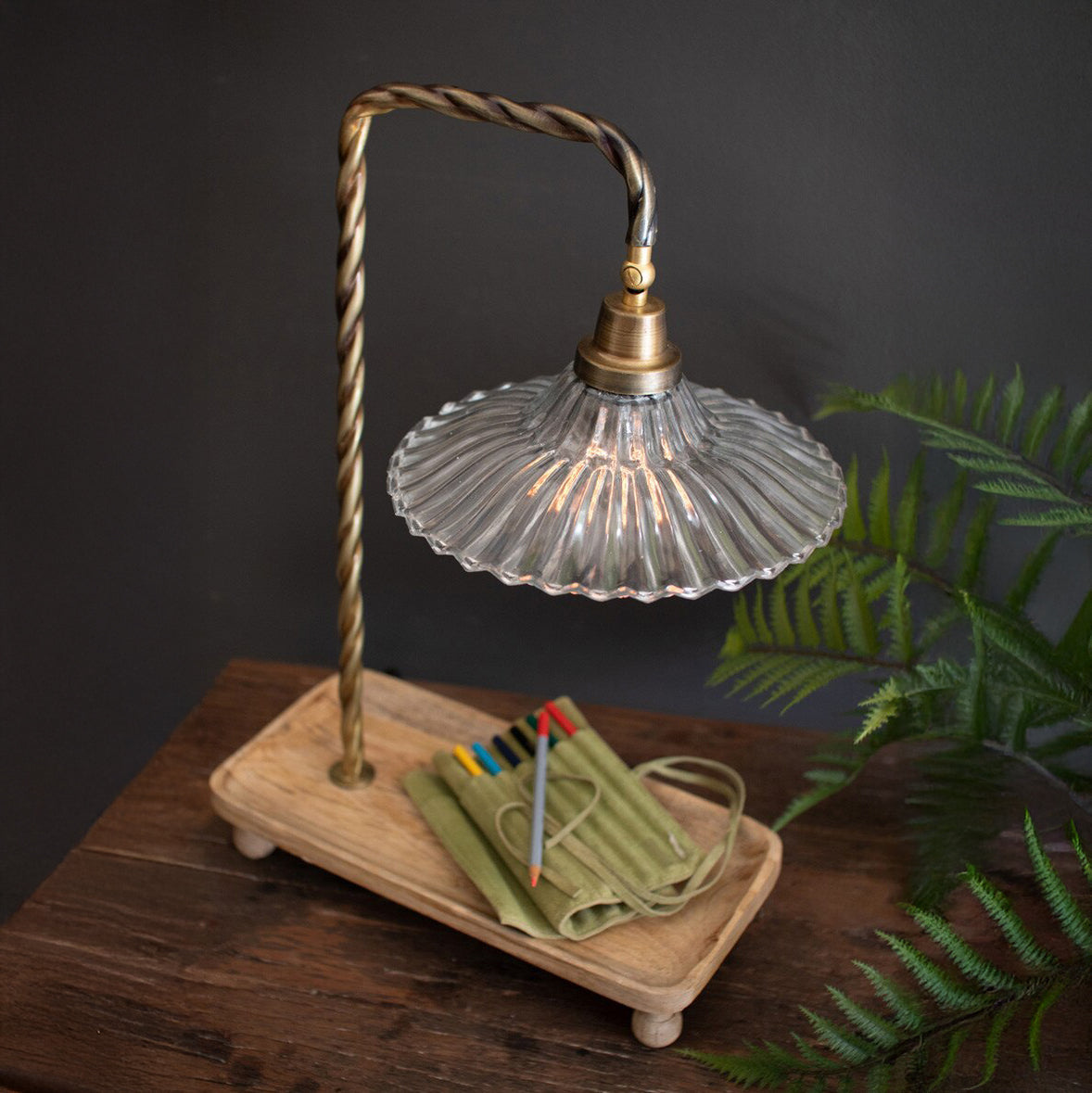Wooden Base Table Lamp with Glass Shade