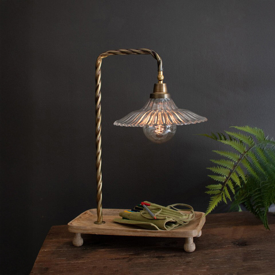 Gooseneck Table Lamp with Wooden Tray Base and Glass Shade