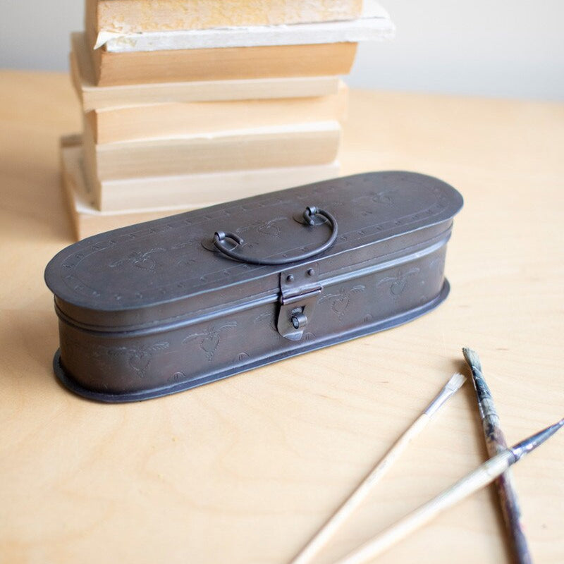 Hand-Etched Oval Iron Box with Hinged Lid