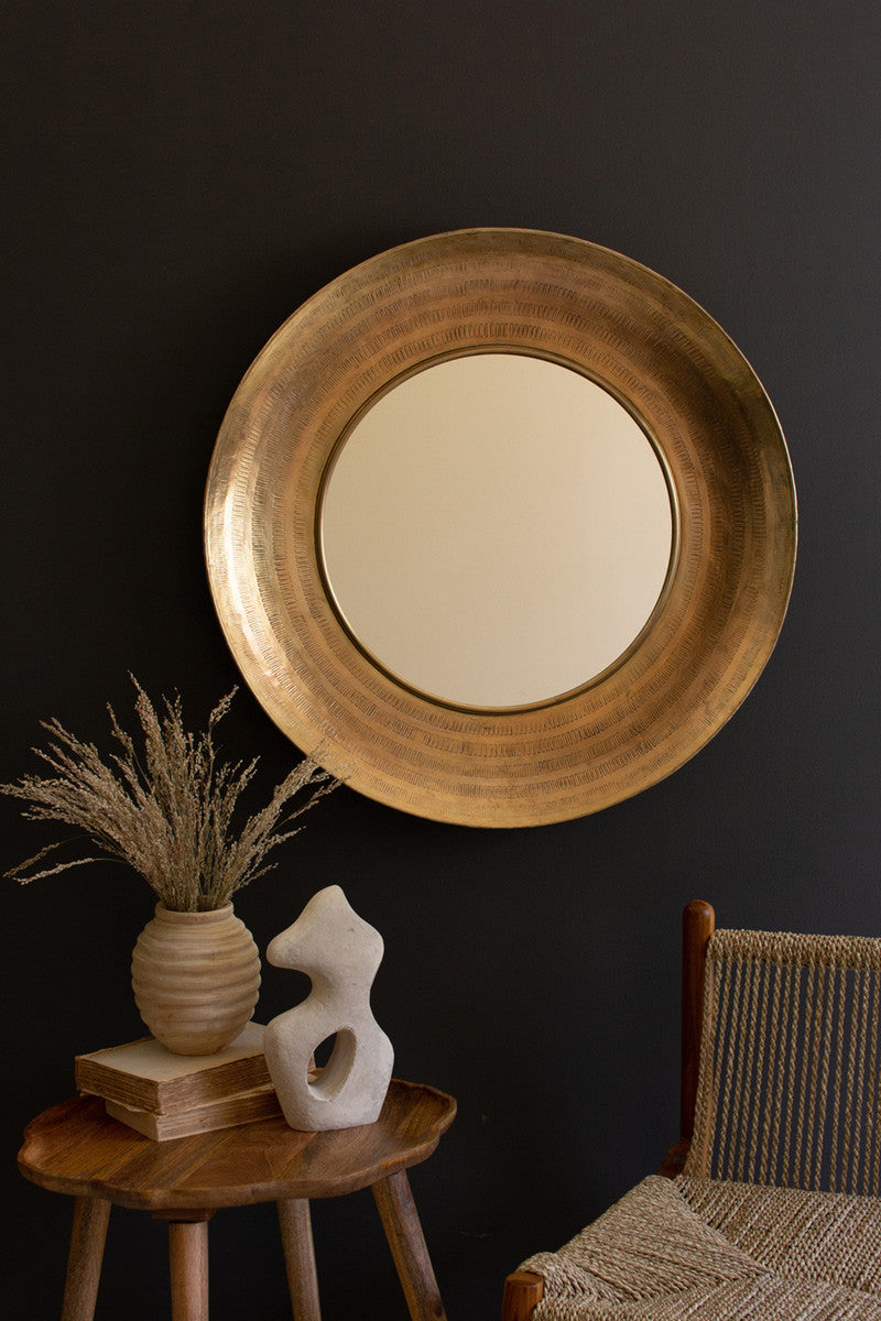Round Hand-Hammered Antique Brass Frame with Mirror