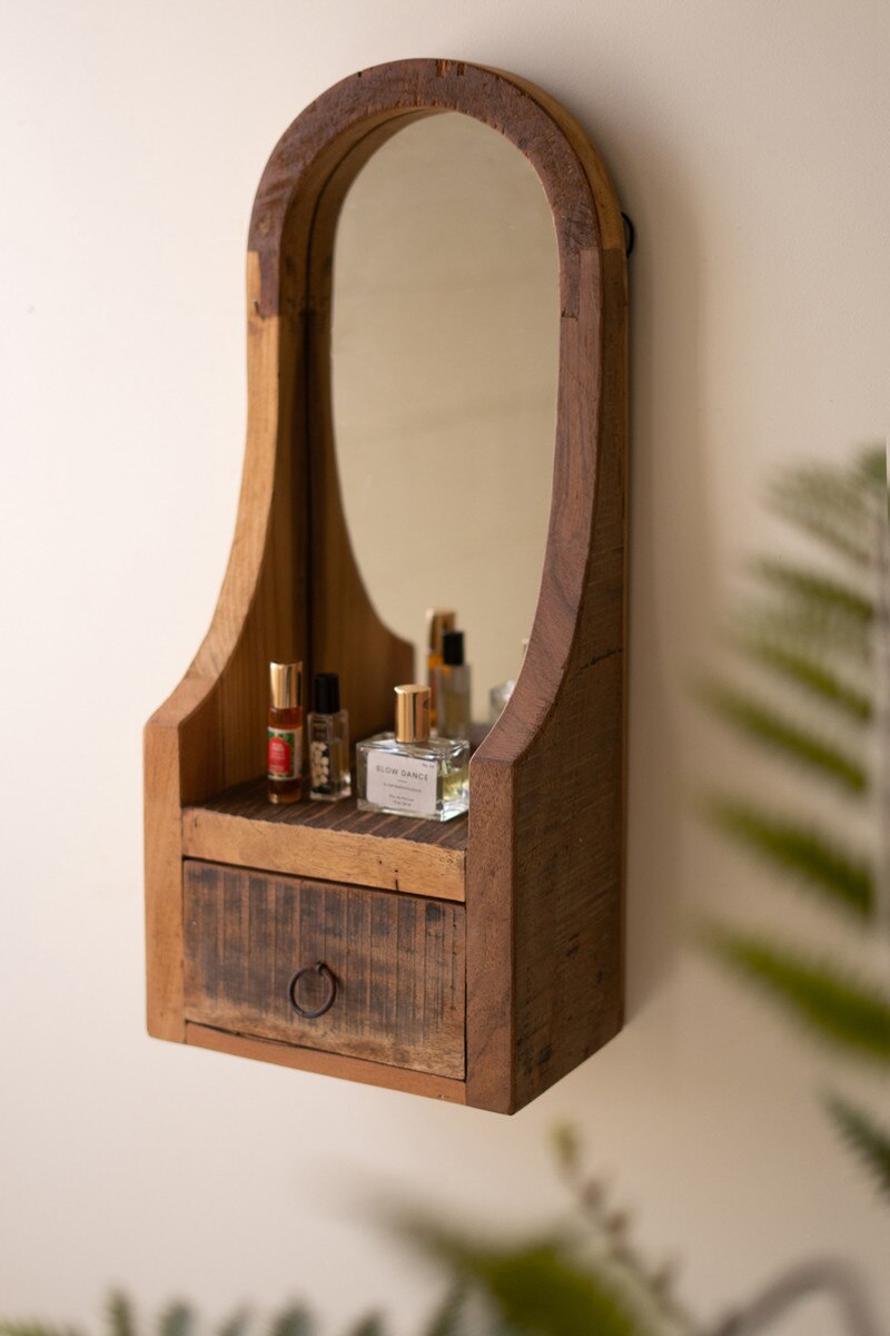 Arched Recycled Wood Framed Mirror with Drawer
