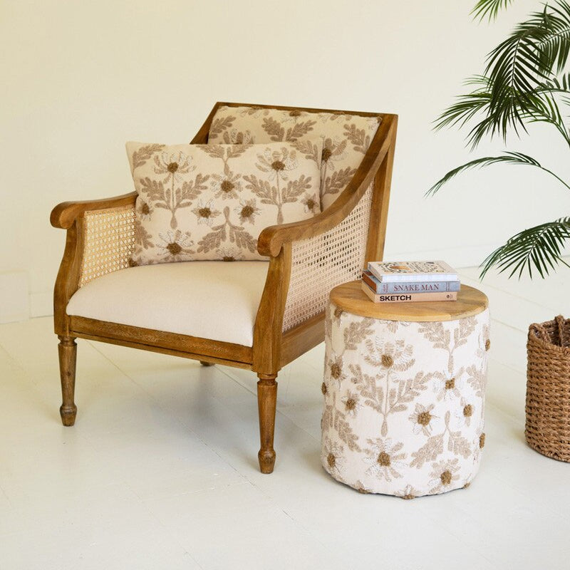 Round Embroidery Accent Table with Mango Wood Top