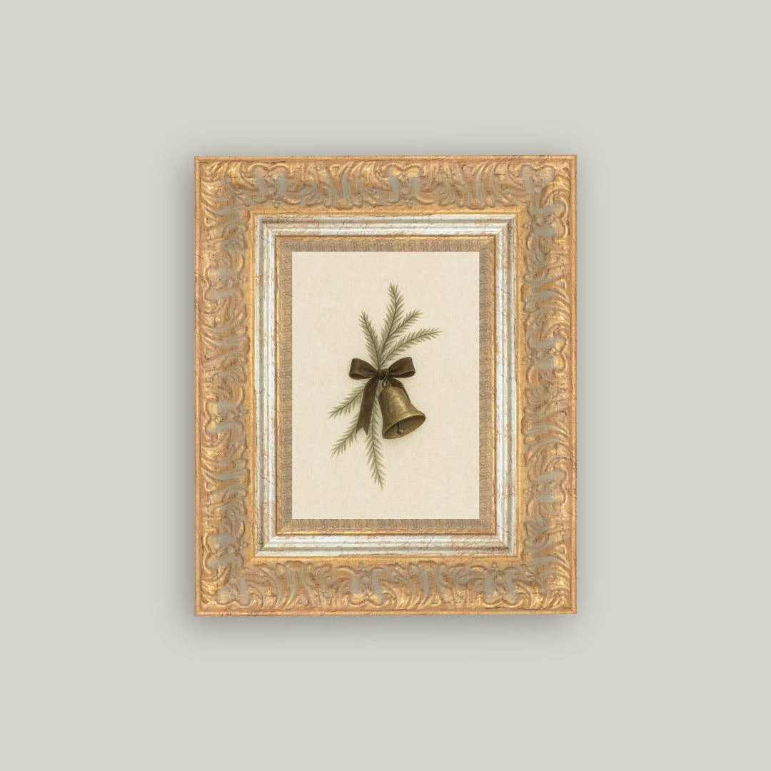 Gold Bell with Pine Framed Antique Art