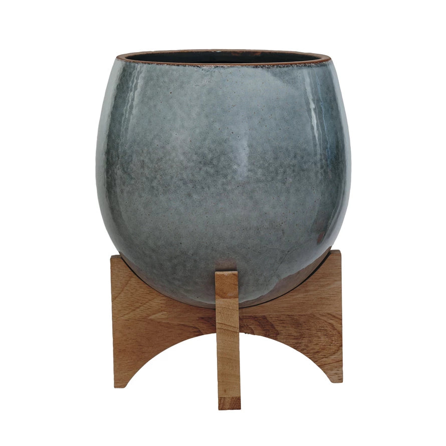 Stoneware Planter w/ Wood Stand