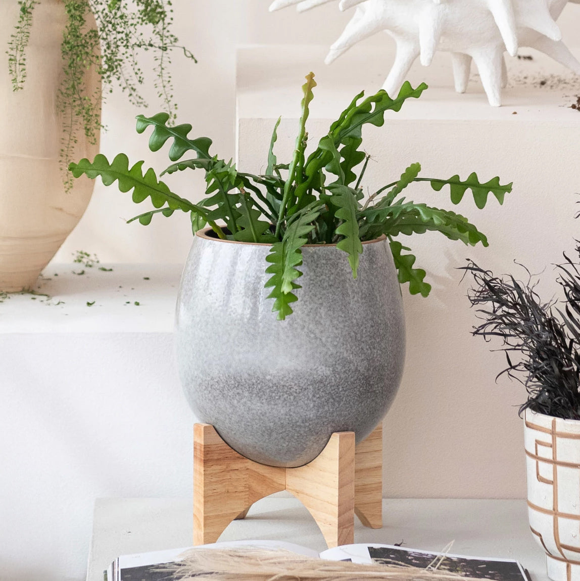 Stoneware Planter w/ Wood Stand