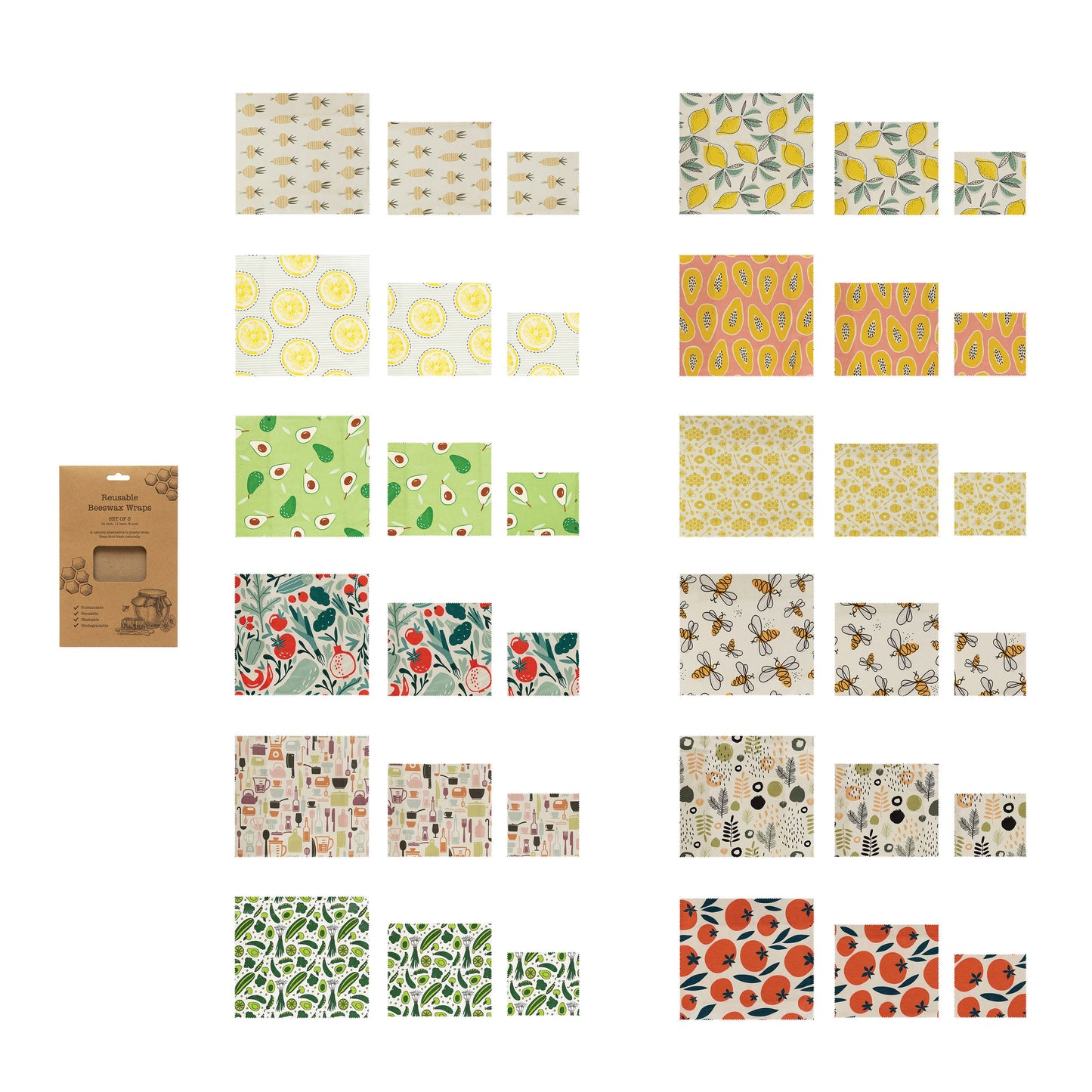Set of 3 Square Reusable Fabric Beeswax Food Covers with Prints