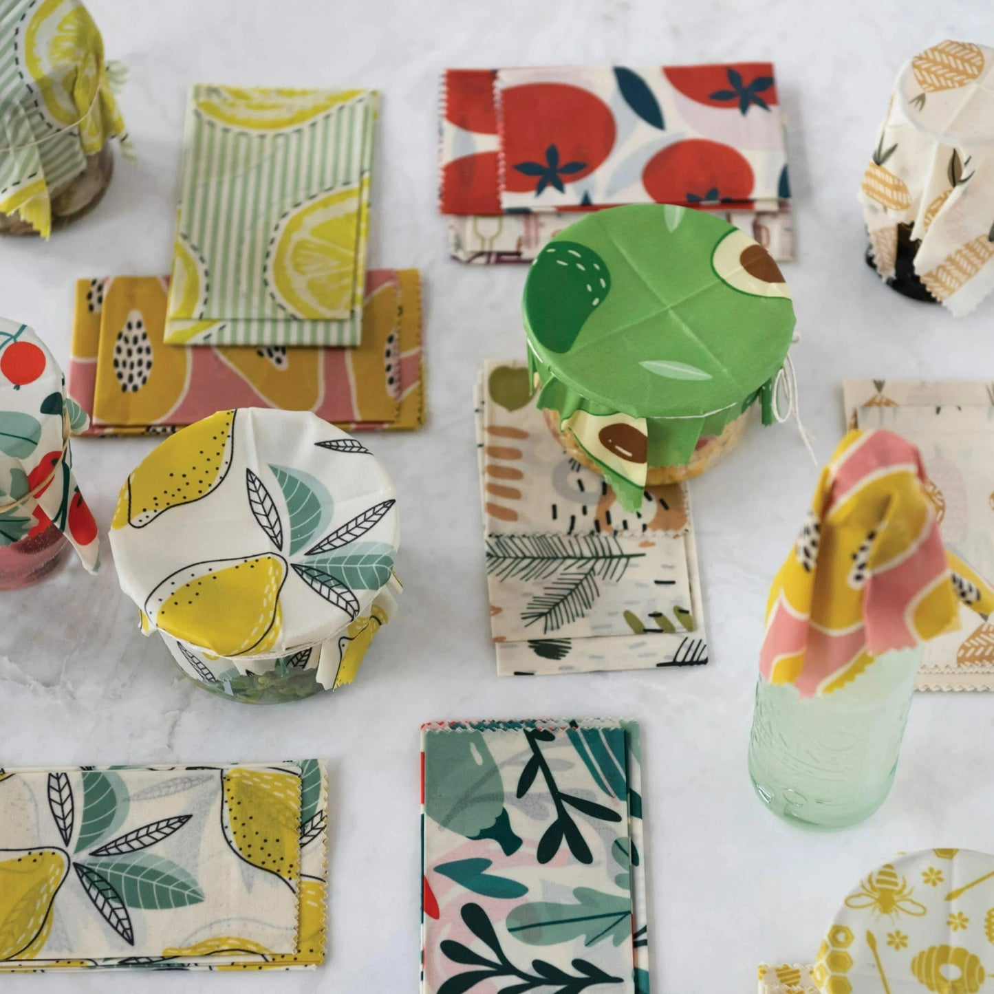 Set of 3 Square Reusable Fabric Beeswax Food Covers with Prints