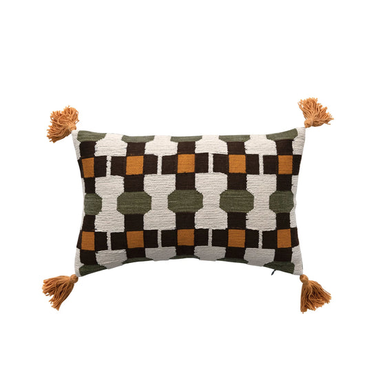Embroidered Lumbar Pillow w/ Geometric Pattern & Tassels