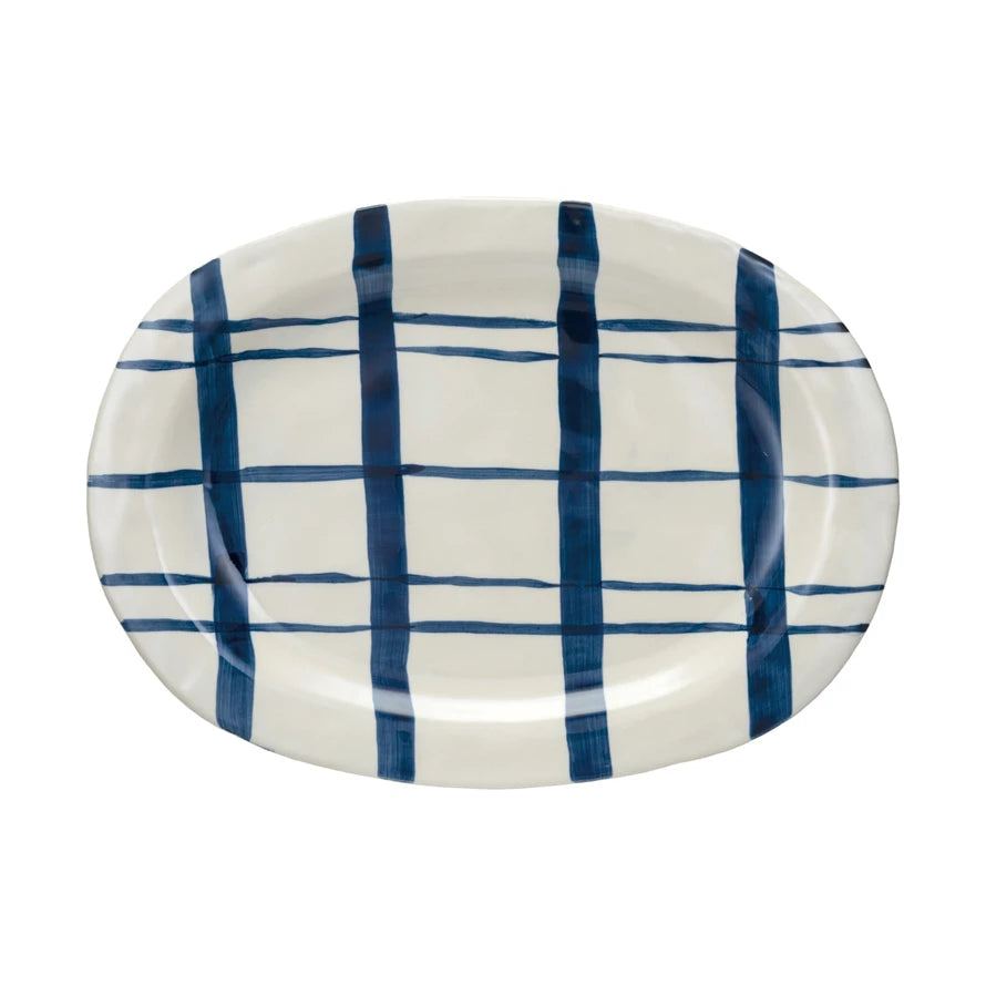 Navy Plaid Hand-Painted Stoneware Platter