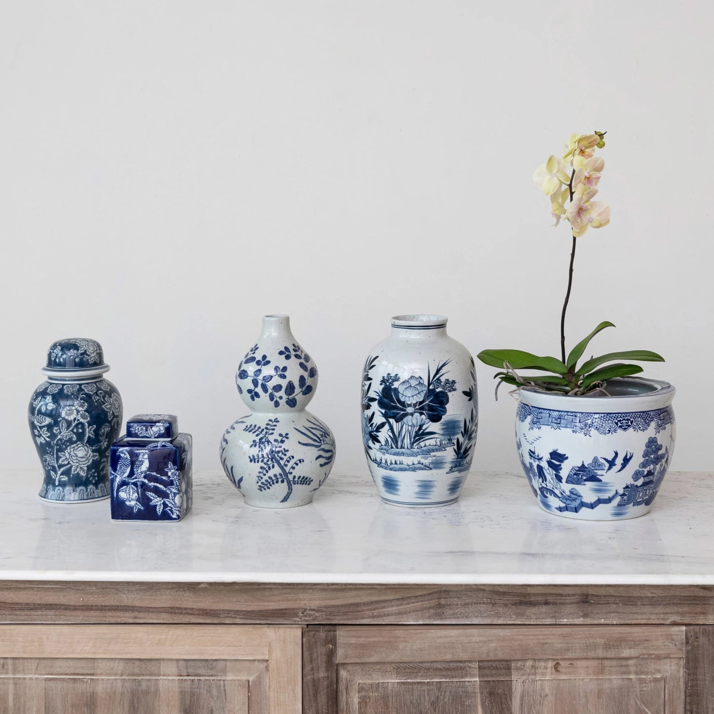 Hand-Painted Stoneware Vase White with Blue Florals