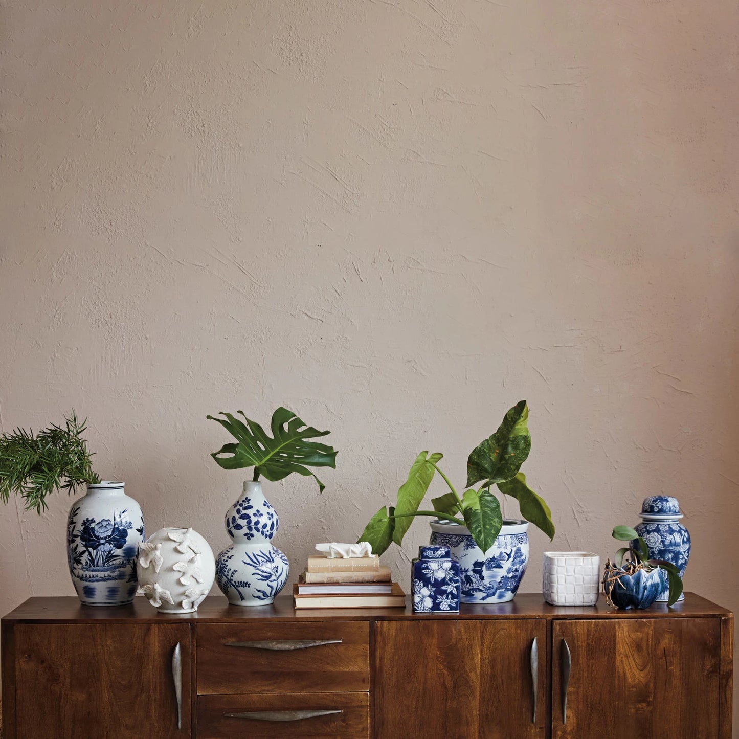 Hand-Painted Stoneware Vase White with Blue Florals
