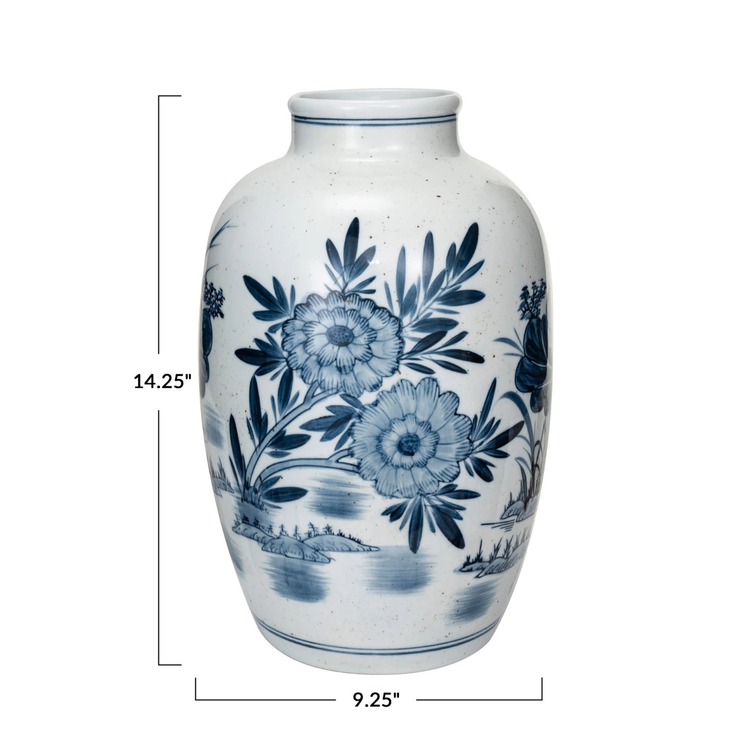 Hand-Painted Stoneware Vase White with Blue Florals