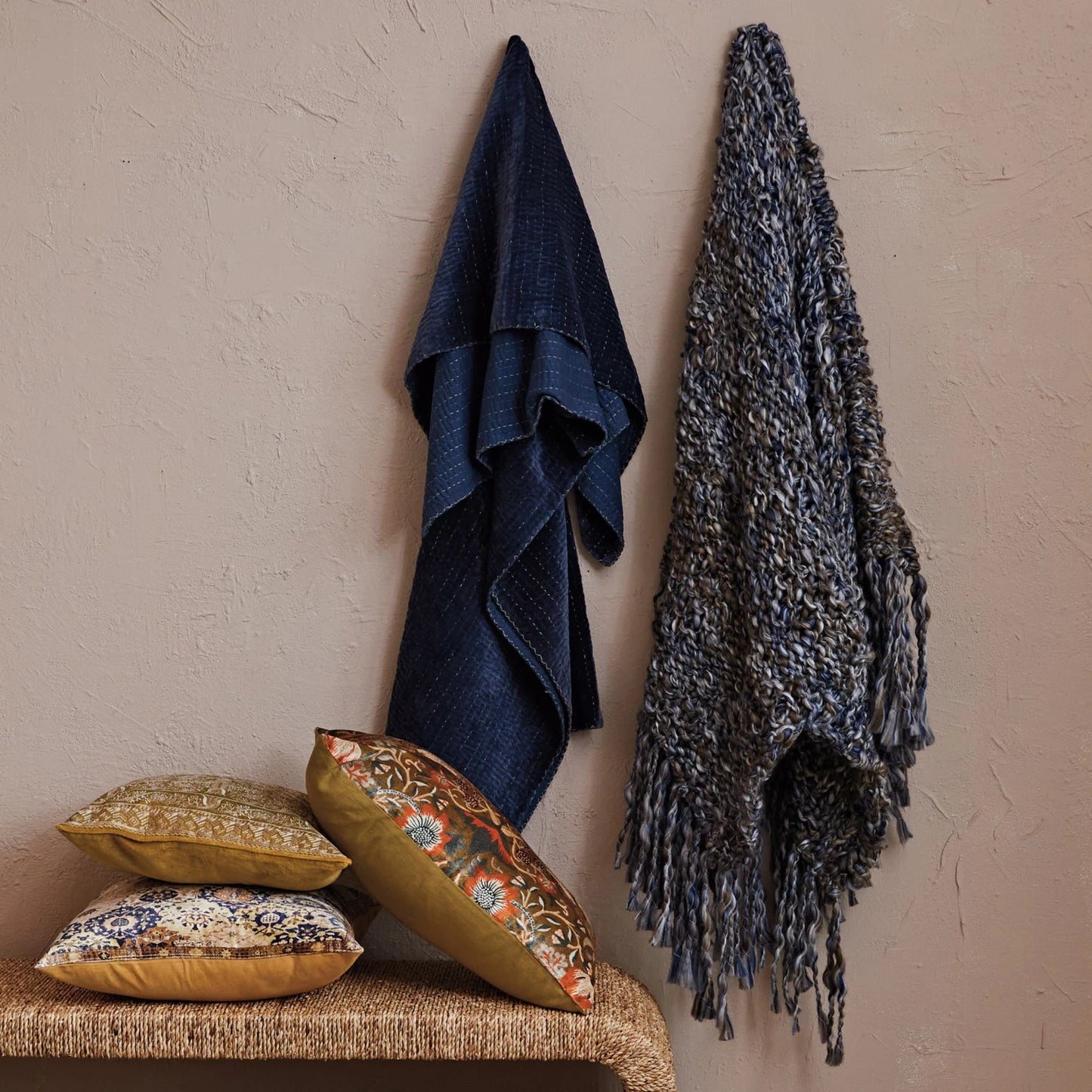 Cotton Velvet Throw Blanket with Kantha Stitch