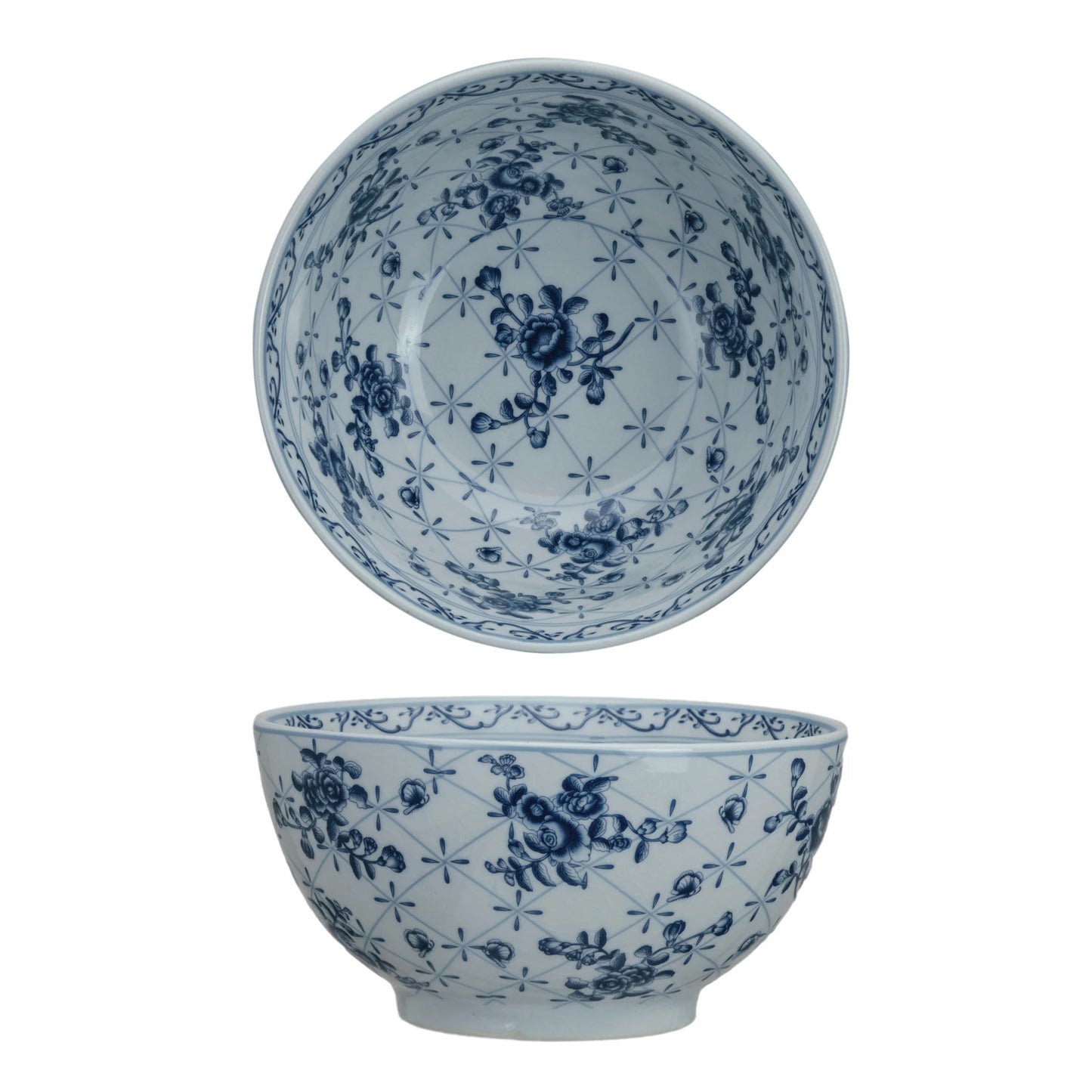 White Porcelain Bowl with Blue Botanical Print