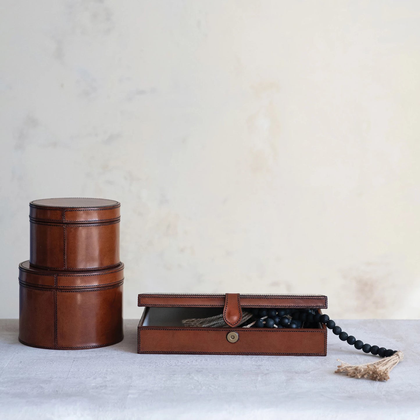 Leather Boxes with Lids and Flocked Interior