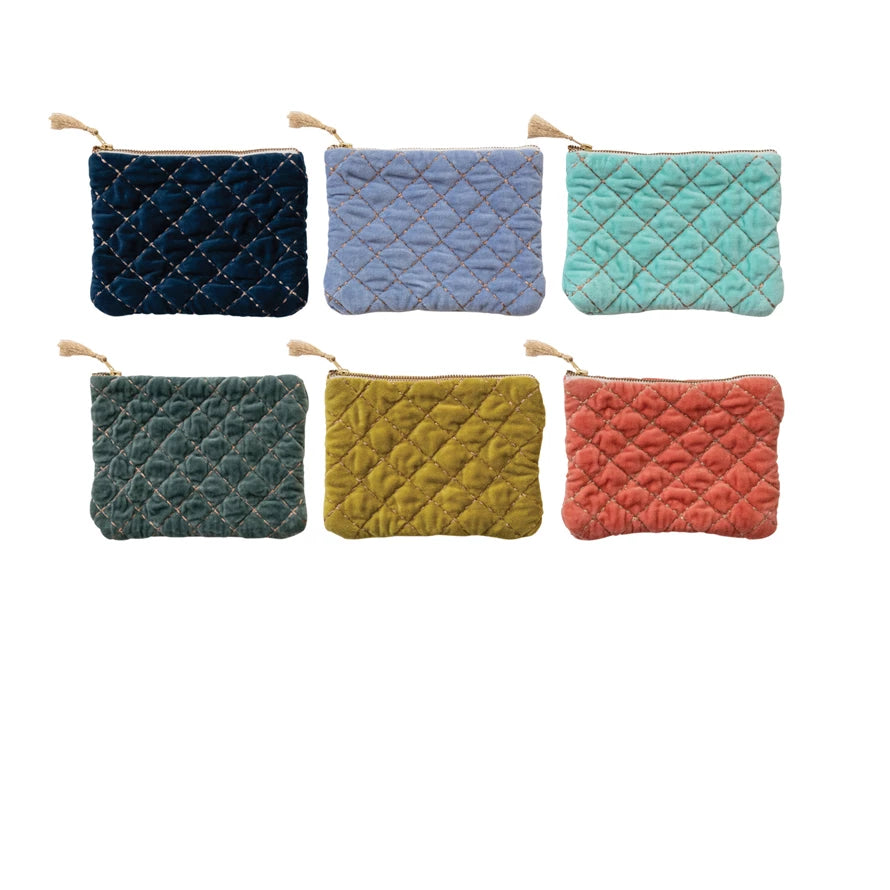 Quilted Cotton Velvet Zip Pouch w/ Metallic Thread Embroidery & Tassel