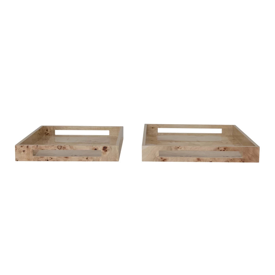 MDF & Burl Wood Veneer Trays w/ Handles