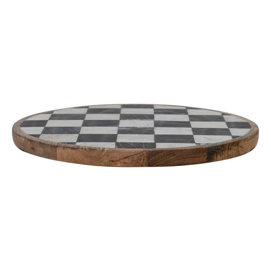 Mango Wood & Marble Checkered Lazy Susan