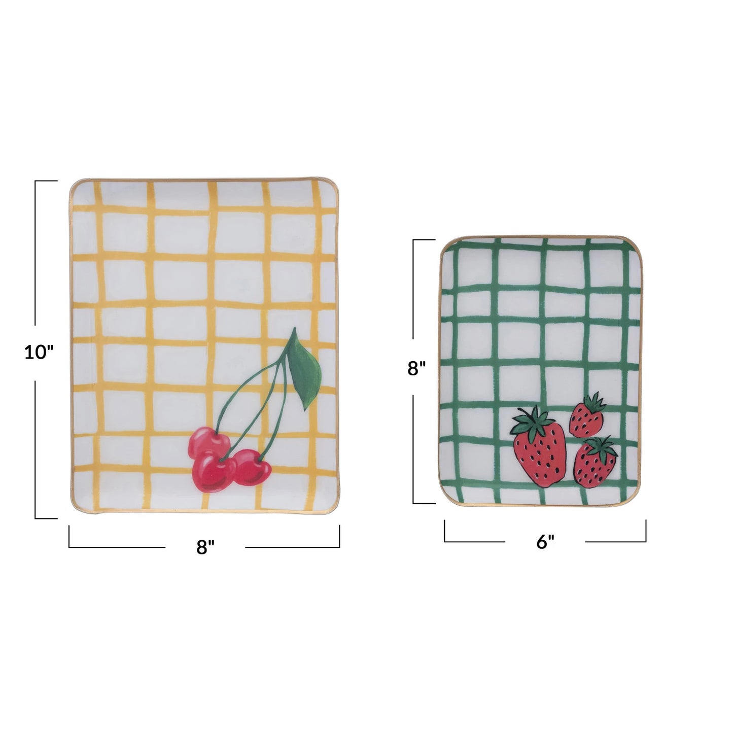 Enameled Metal Trays w/ Cherries & Strawberries, Gold Edges, Two Styles