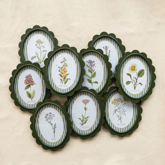 Green Scalloped Framed Artwork with Flowers & Stripes