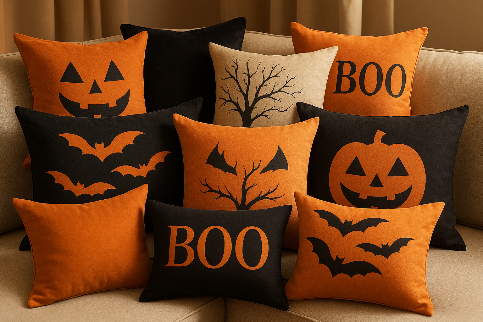 Halloween throw pillows in orange and black