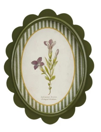 Green Scalloped Framed Artwork with Flowers & Stripes