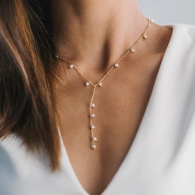 Dot Pearl Lariat Gold Necklace