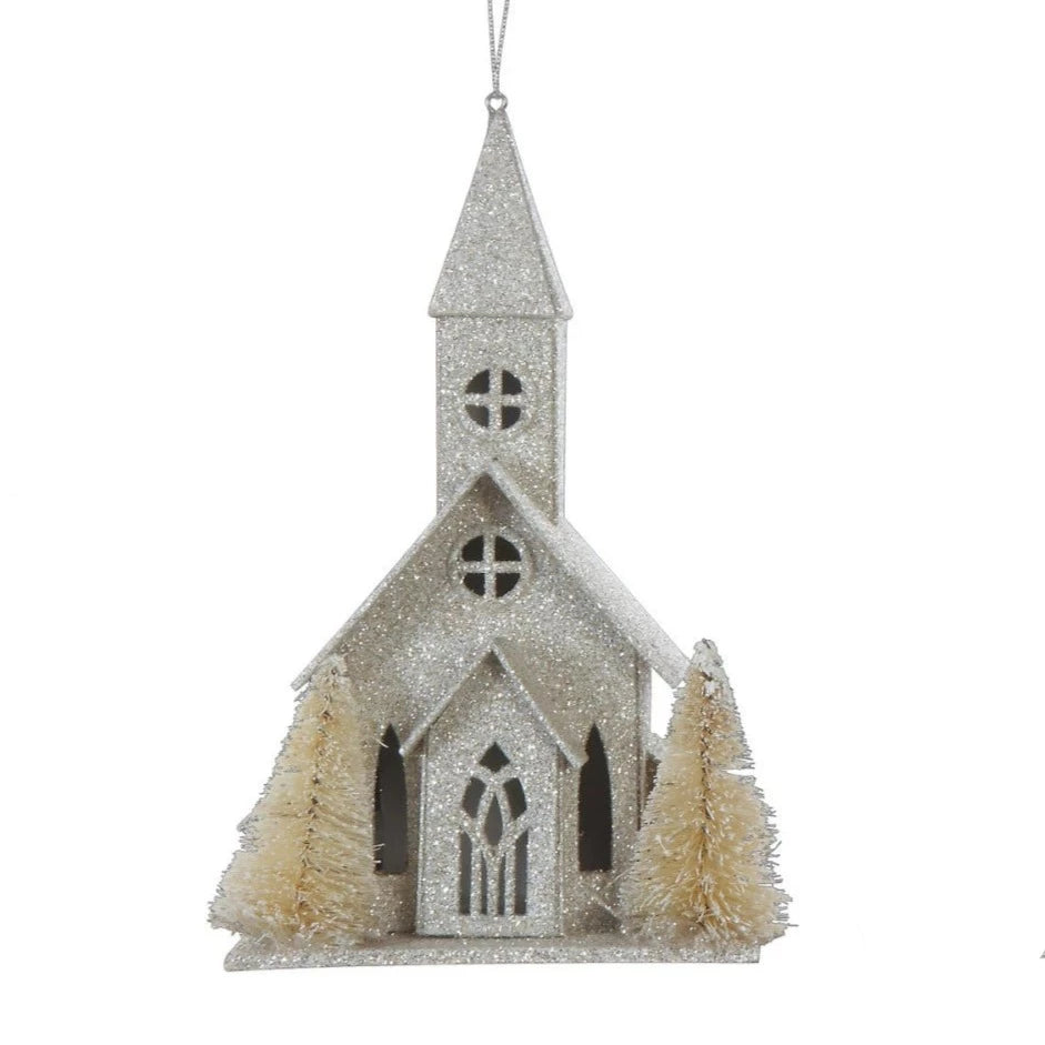 Paper Church Ornament w/ Trees and LED