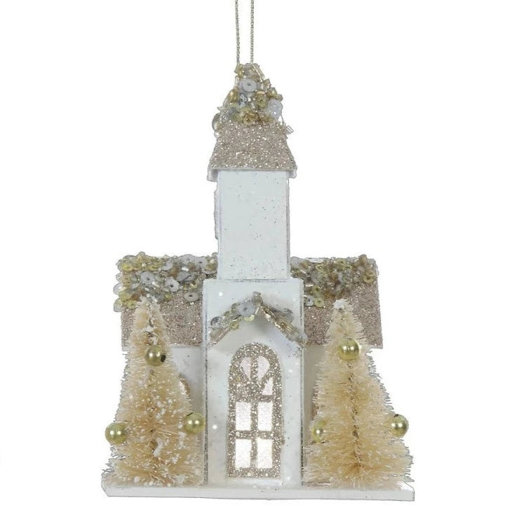 Paper Church Ornament w/ Trees and LED