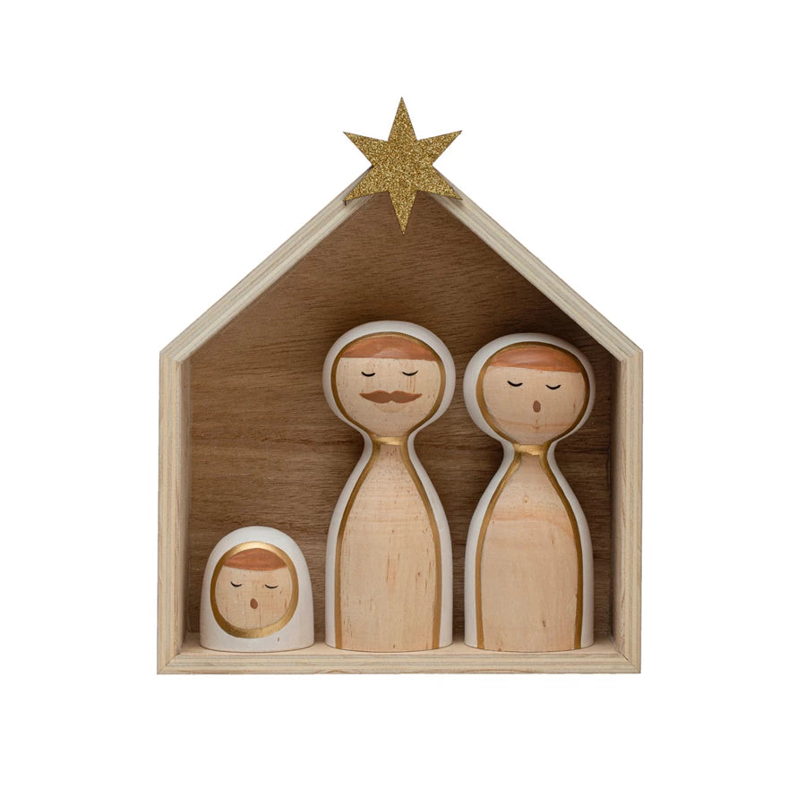 Pine Wood & MDF Nativity w/ Glitter Star