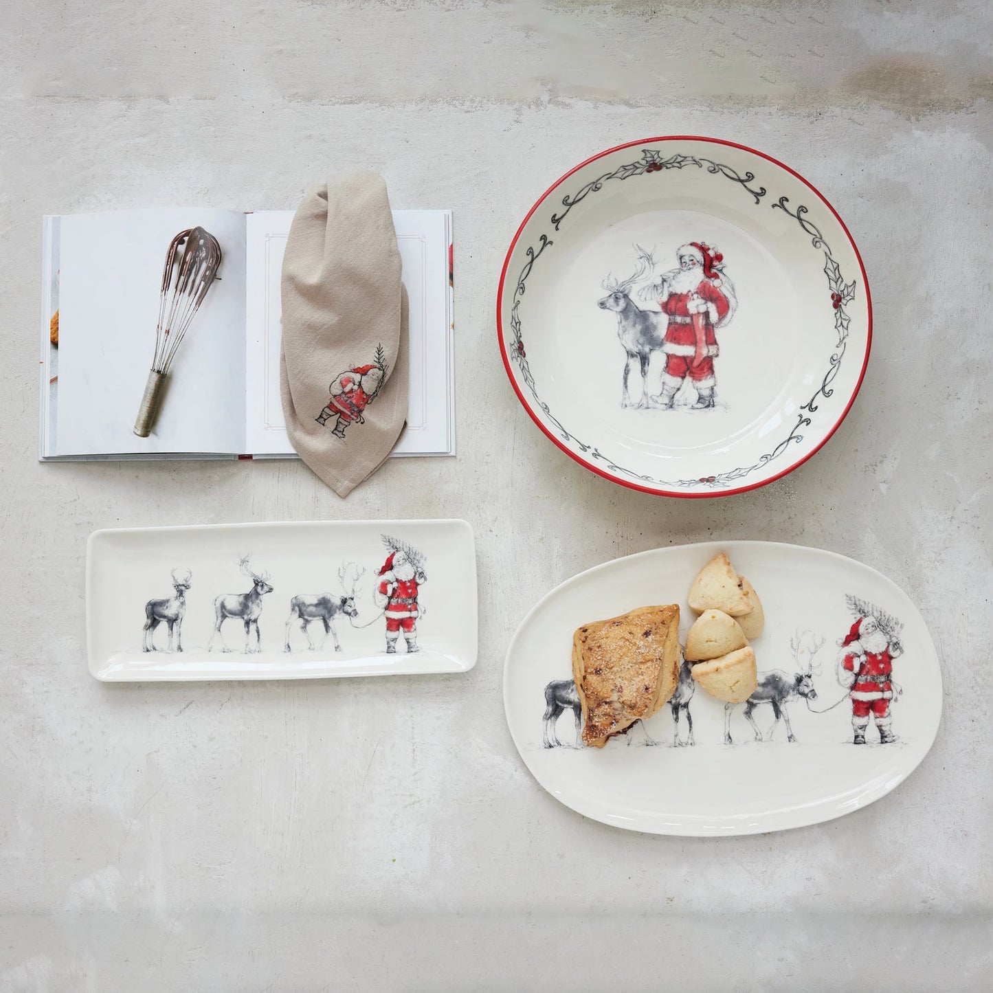 Stoneware Bowl w/ Santa, Reindeer & Colored Rim