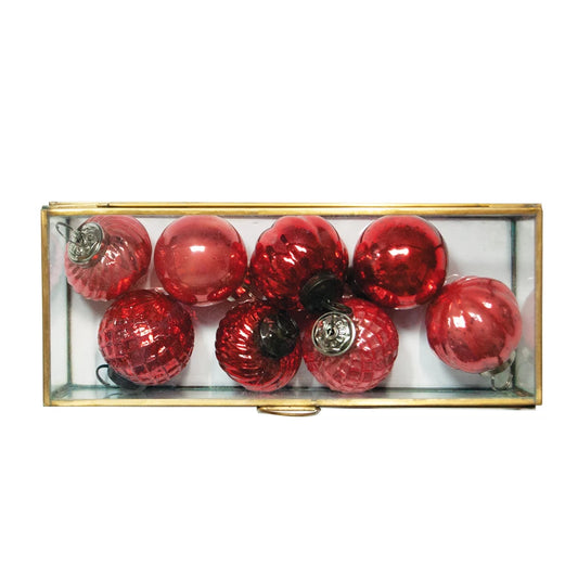 Embossed Red Mercury Glass Ornaments in Brass Display Box