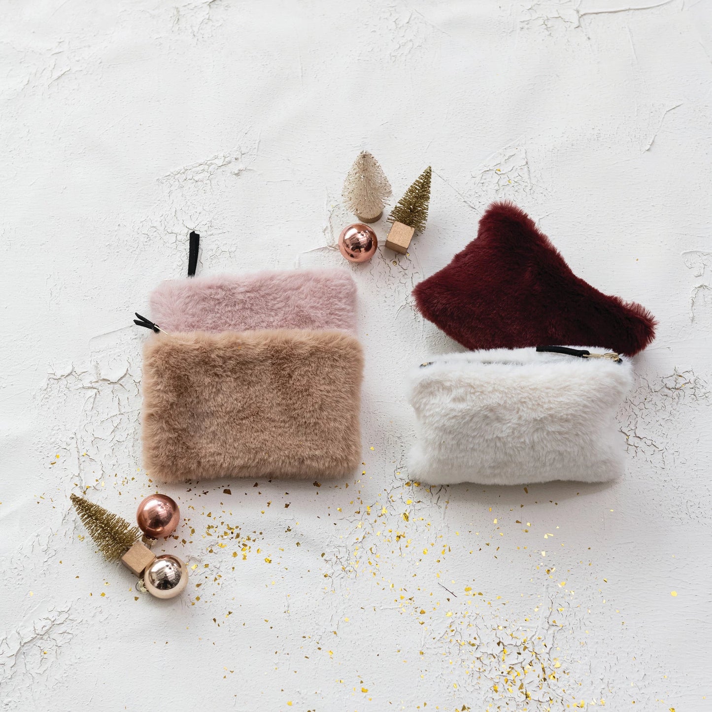 Faux Fur Fabric Zip Pouch with Interior Lining, Four Colors