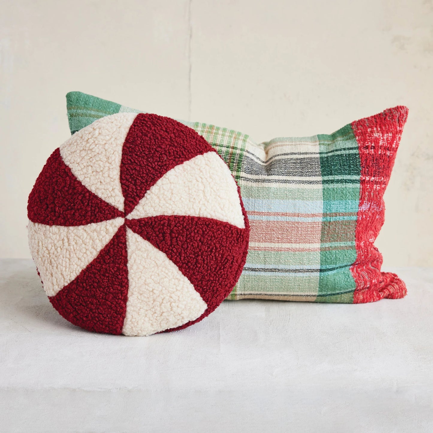 Fabric Faux Sherpa Peppermint Shaped Pillow, Red & White