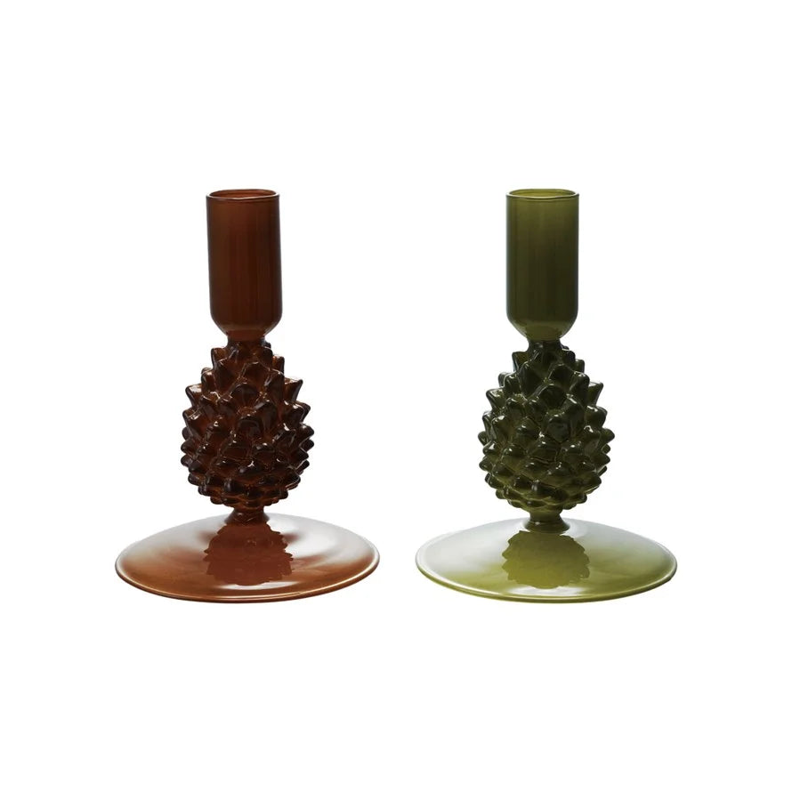 Glass Pinecone Taper Candle Holders, Two Colors