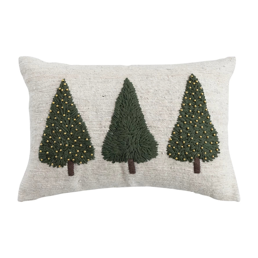 Hand-Woven & Wool Lumbar Pillow with Embroidered Trees & Bead