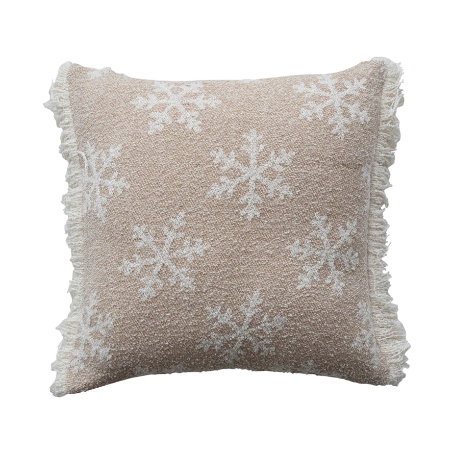 Square Recycled Jacquard Fabric Two-Sided Snowflake Pillow w/ Fringe