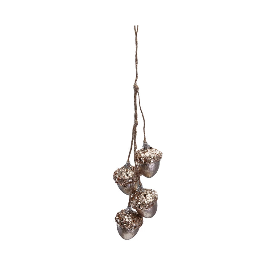 Hanging Faux Acorns with Glitter, Sequins, & Copper Finish
